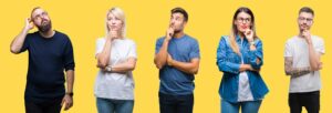 Collage of a group of people, women and men over colorful yellow background